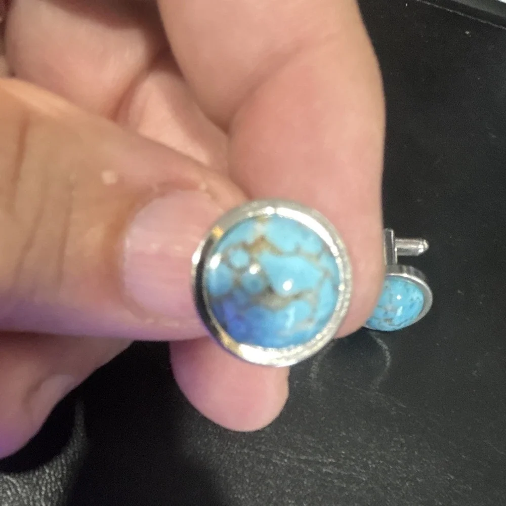Men's Silver Cufflinks Round Blue Turquoise Stone Bullet Back Pair